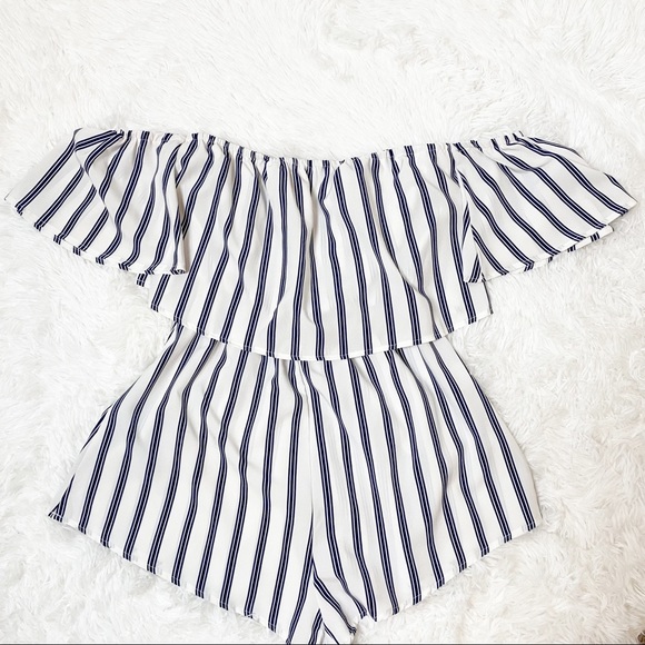 Shein Women’s Off The Shoulder Striped White and Navy Romper Size XS